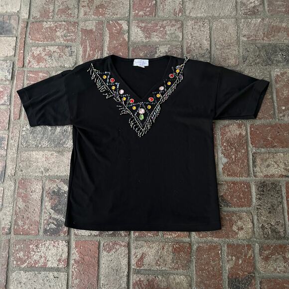 Vintage Naomi Bee Beaded T-Shirt Embellished S Black Short Sleeve - Picture 1 of 3
